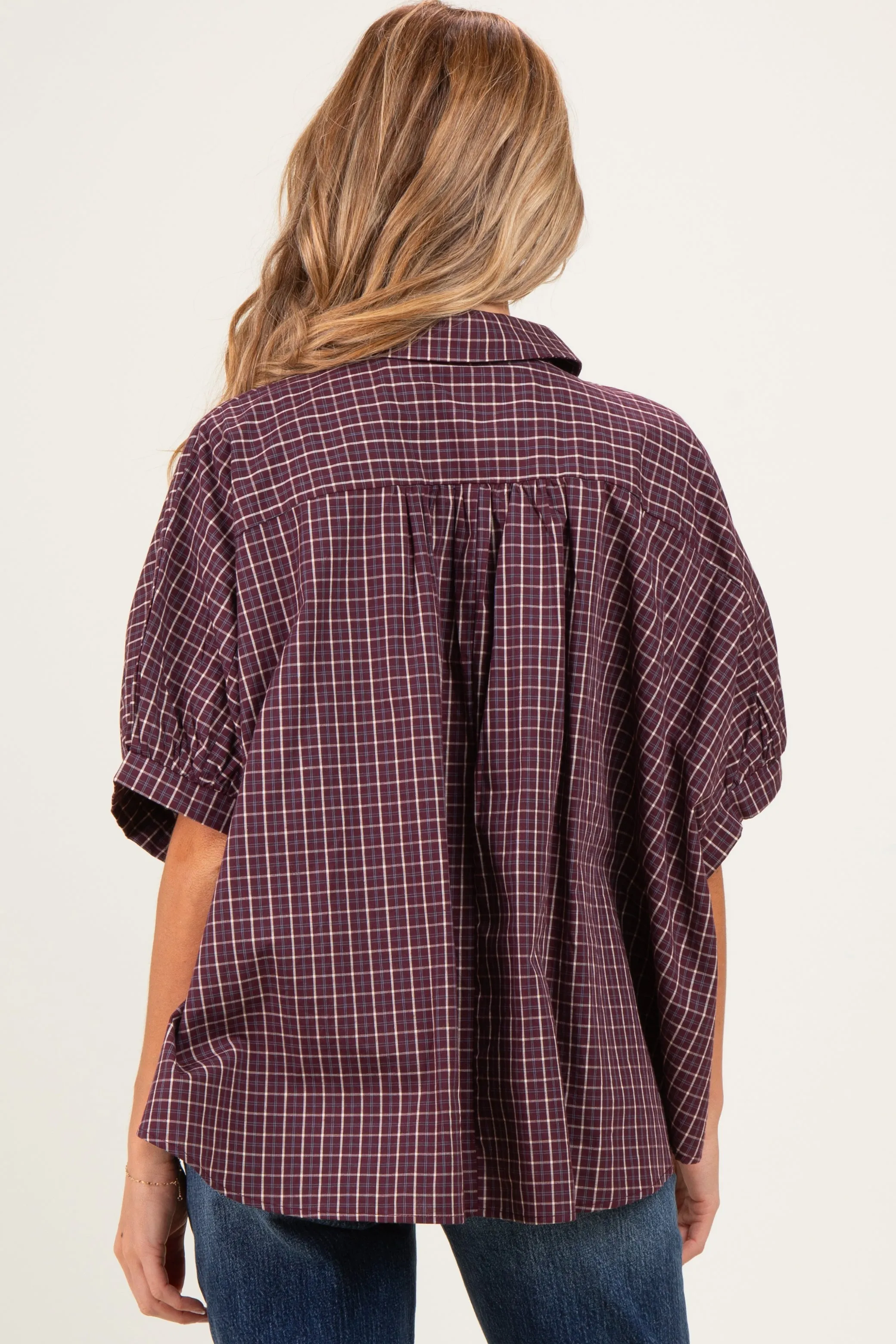 Merlot Oversized Check Plaid Maternity Button Down Shirt sold by Pinkblush product image thumbnail 3
