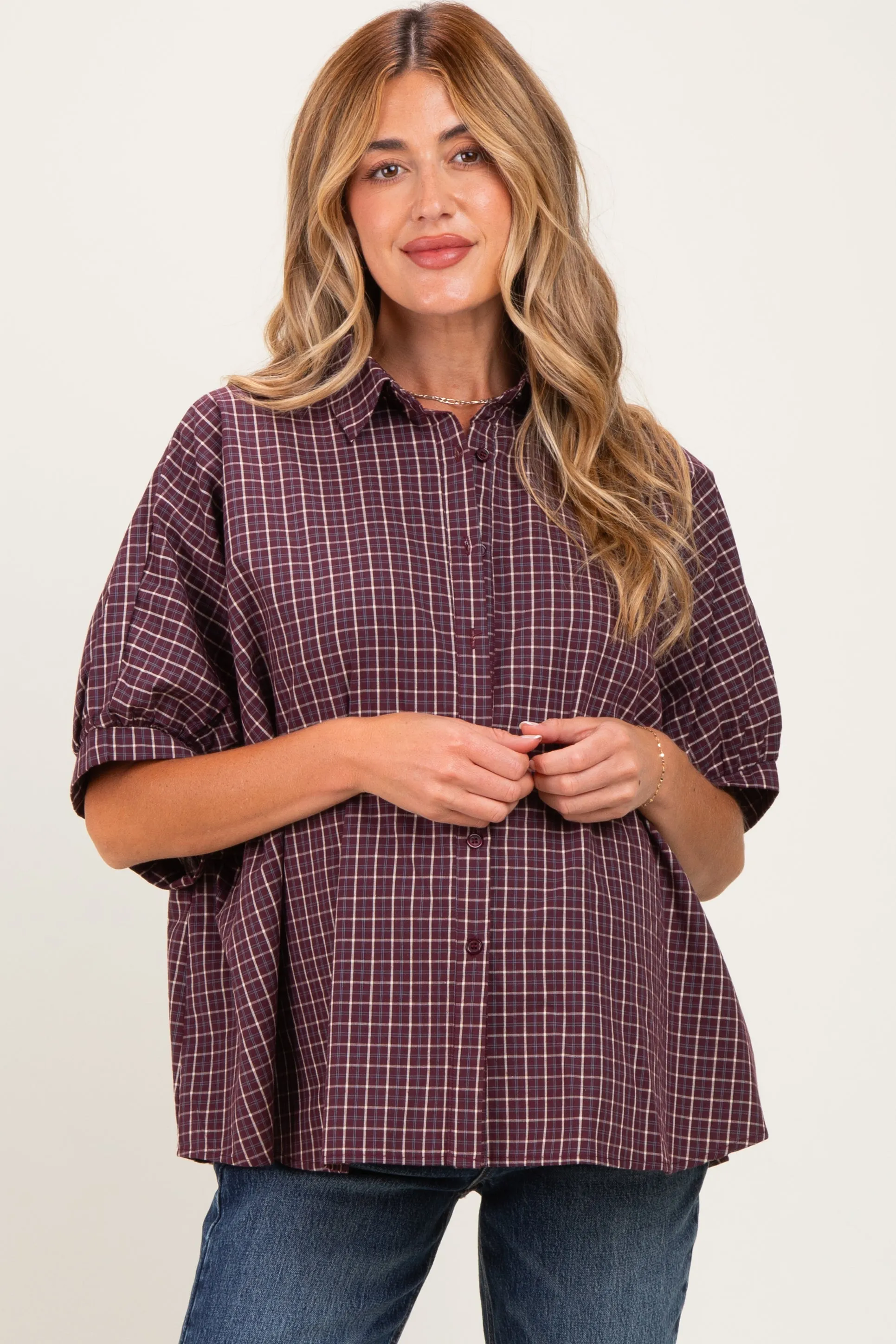 Merlot Oversized Check Plaid Maternity Button Down Shirt sold by Pinkblush product image thumbnail 2