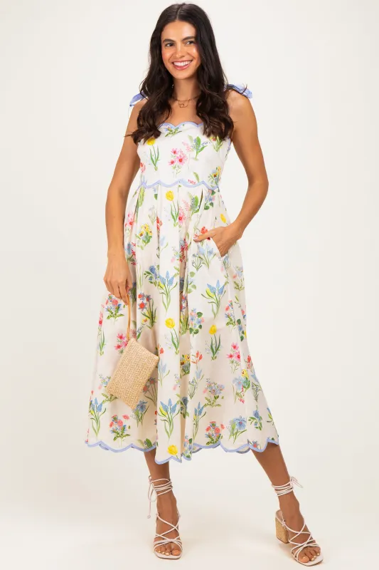Cream Floral Shoulder Tie Scallop Trim Midi Dress made by entro