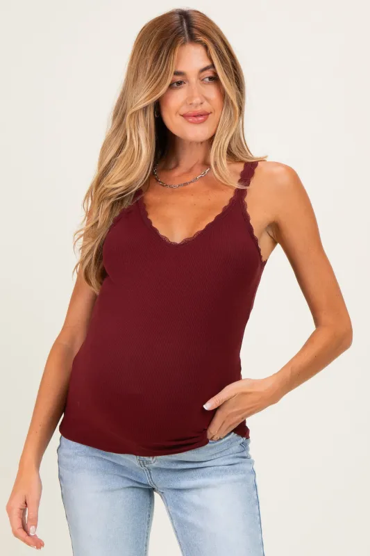 Burgundy Lace Trim Detail Ribbed Maternity Knit Tank Top made by Pinkblush