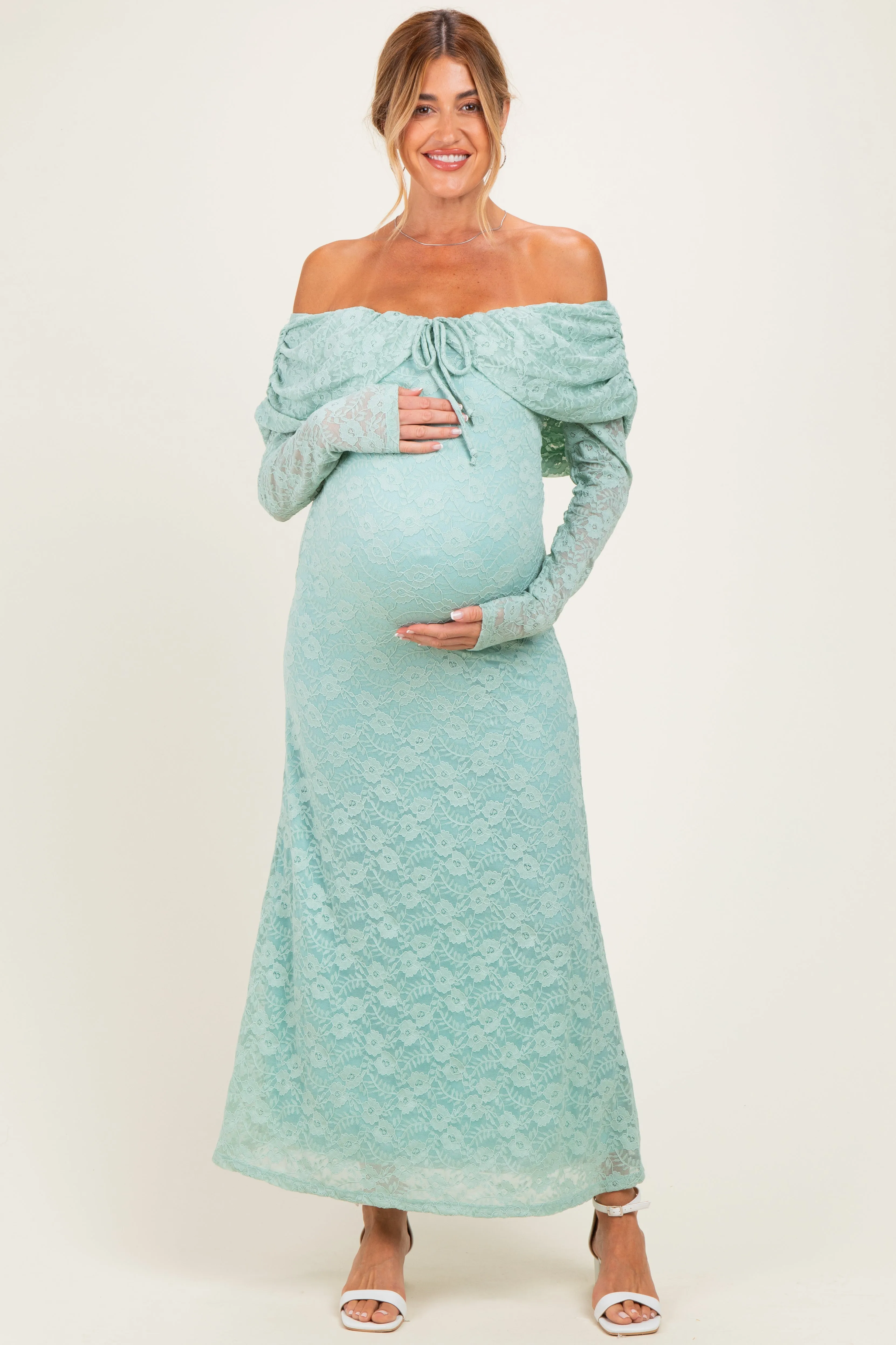 Seafoam Lace Off Shoulder Long Sleeve Maternity Maxi Dress sold by Pinkblush product image thumbnail 3