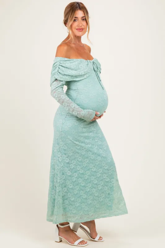 Seafoam Lace Off Shoulder Long Sleeve Maternity Maxi Dress made by Pinkblush