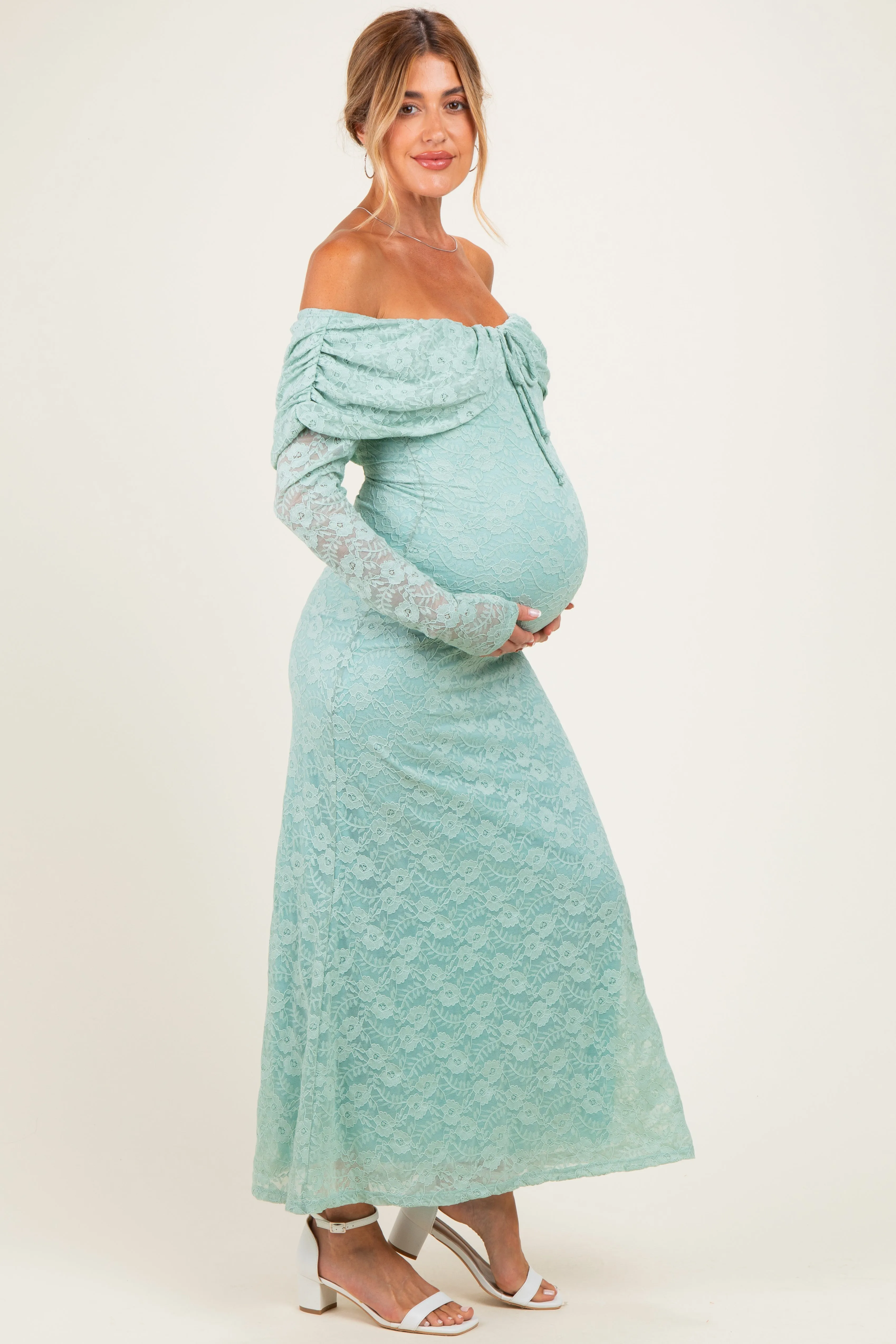 Seafoam Lace Off Shoulder Long Sleeve Maternity Maxi Dress sold by Pinkblush
