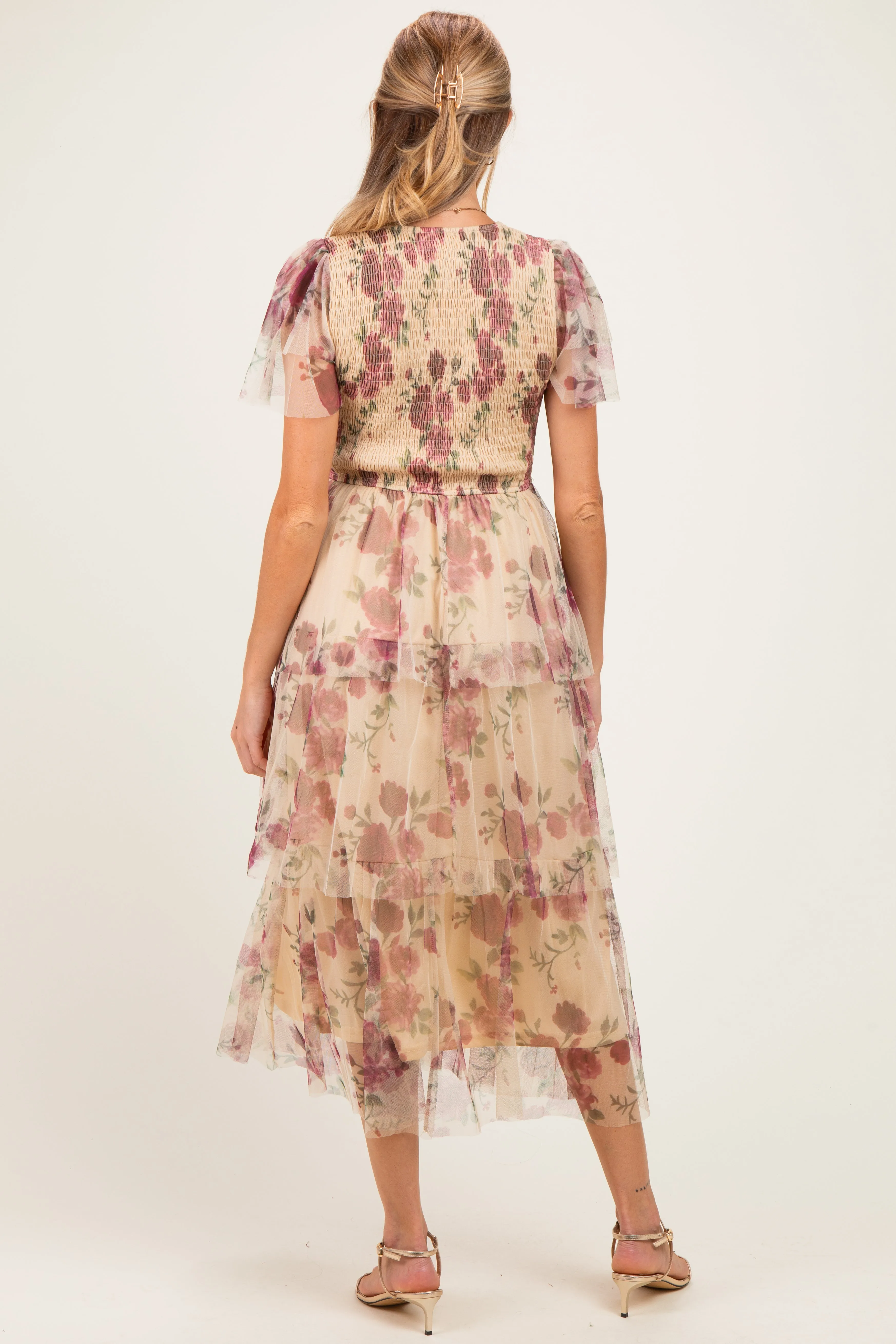 Yellow Floral Print Smocked Tiered Maternity Midi Dress sold by Pinkblush product image thumbnail 3