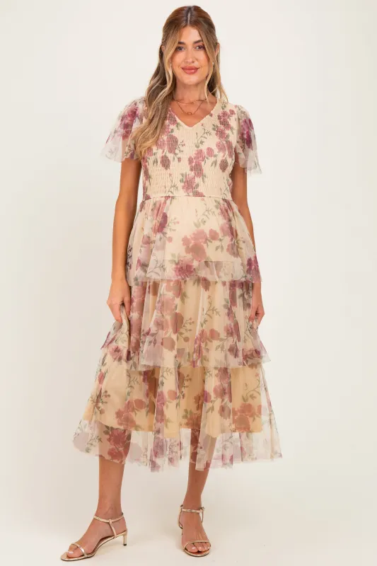 Yellow Floral Print Smocked Tiered Maternity Midi Dress made by Polagram