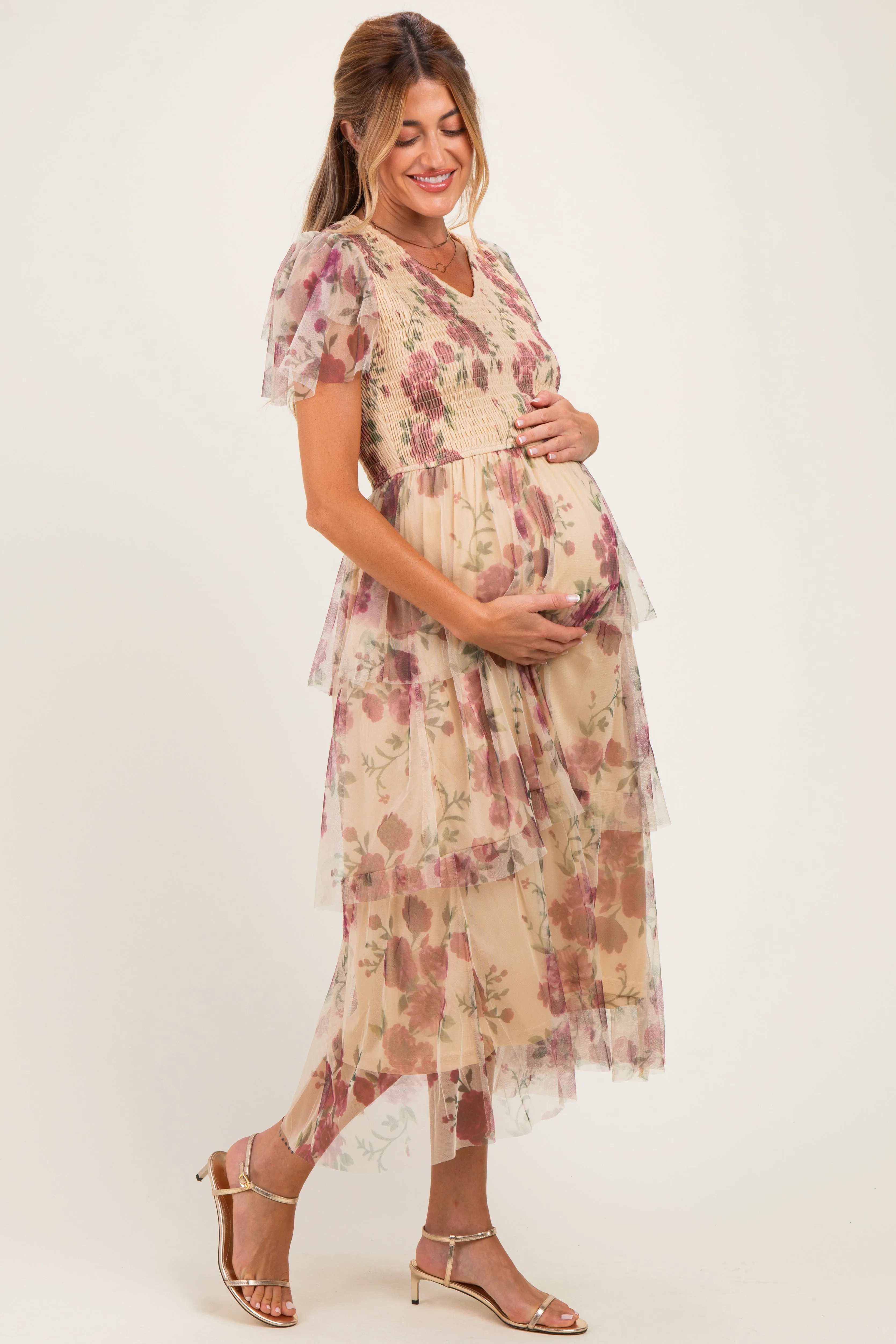 Yellow Floral Print Smocked Tiered Maternity Midi Dress sold by Pinkblush product image thumbnail 2