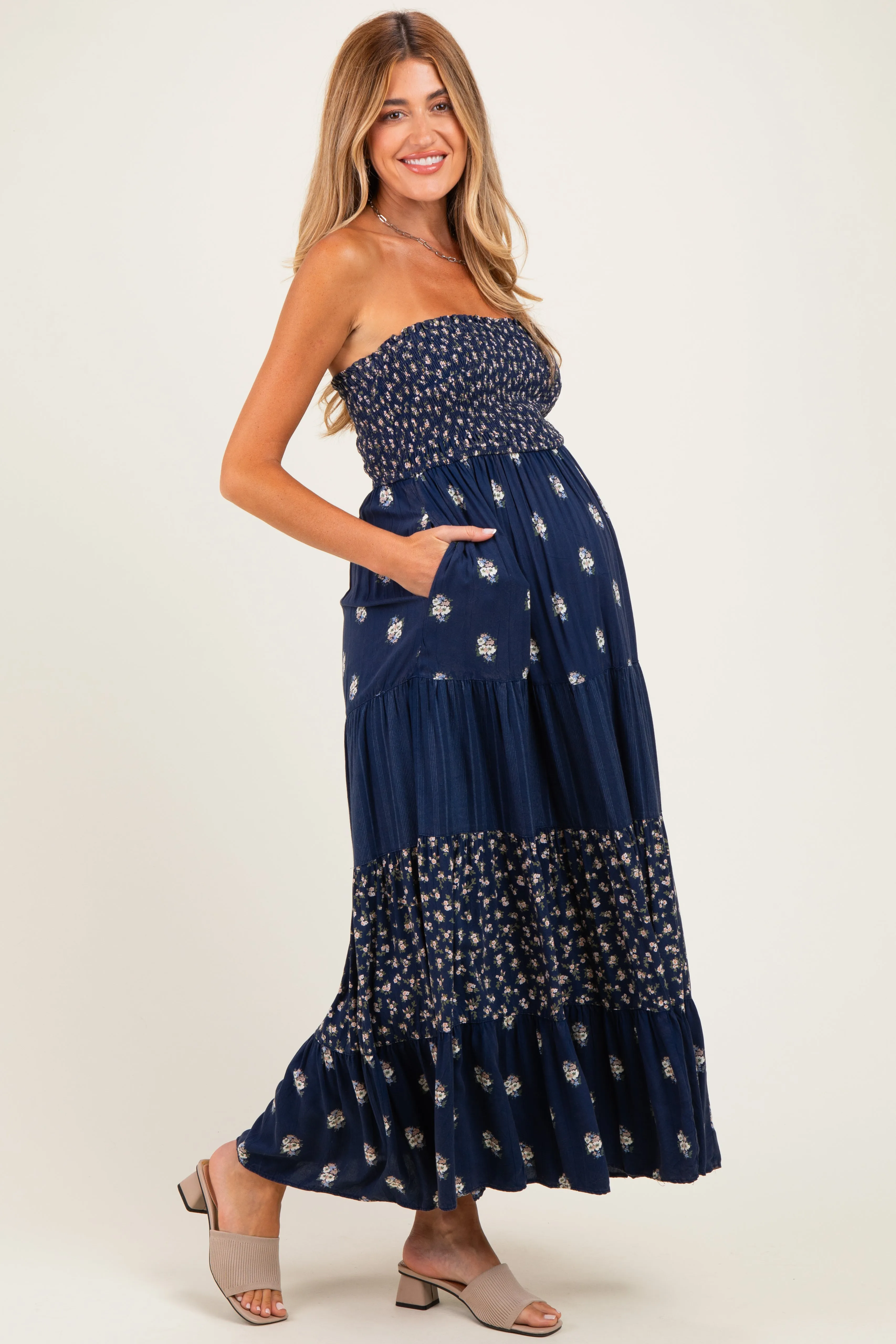 Navy Colorblock Floral Strapless Maternity Maxi Dress sold by Pinkblush product image thumbnail 2