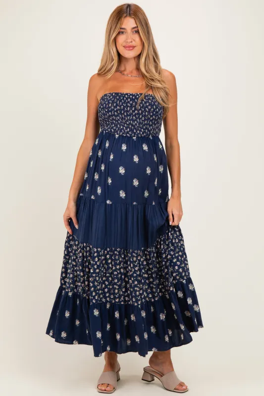 Navy Colorblock Floral Strapless Maternity Maxi Dress made by Angie
