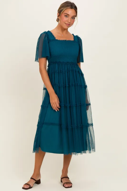 Teal Ruffled Mesh Maxi Dress made by Pinkblush