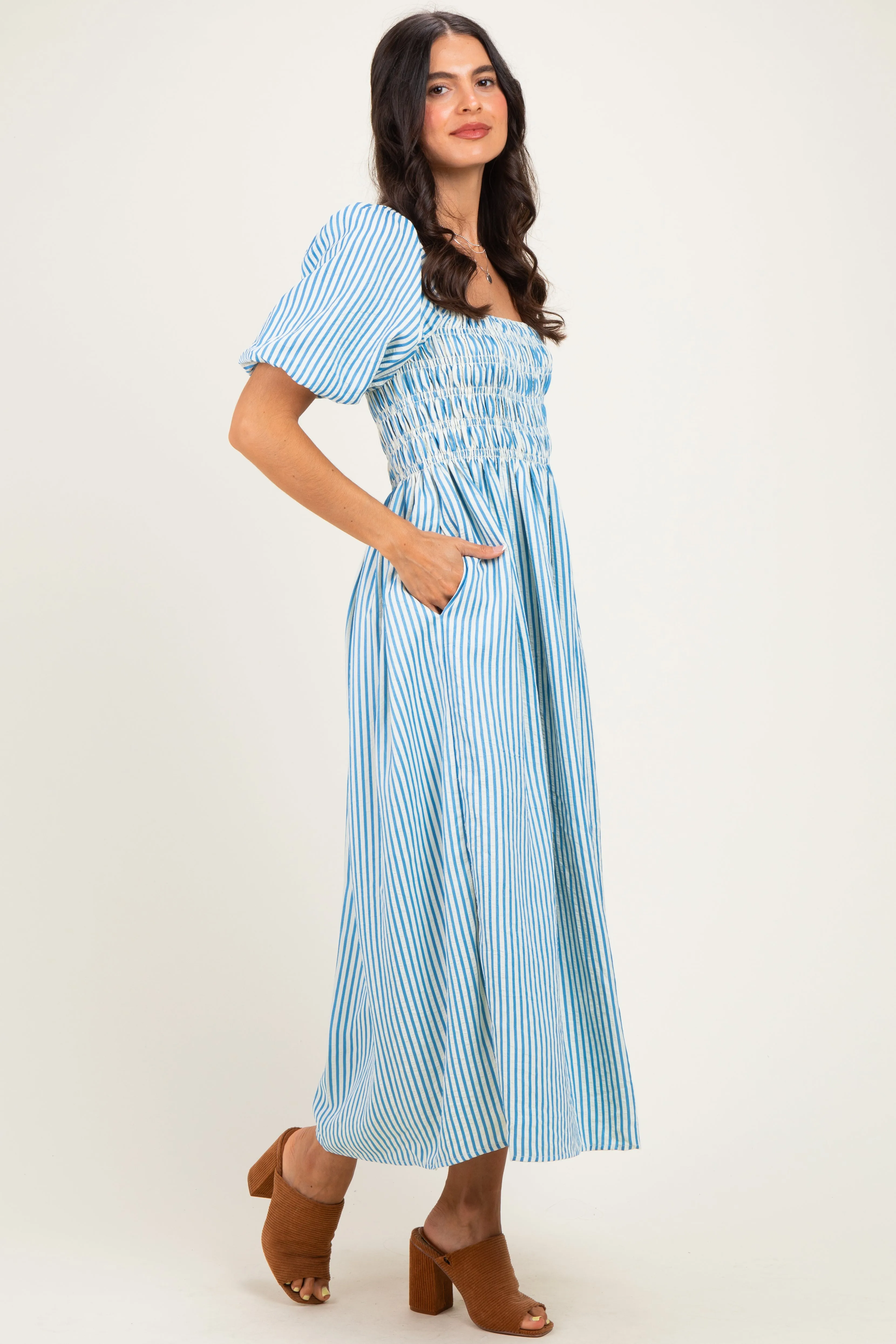 Blue Square Neck Smocked Striped Midi Dress sold by Pinkblush product image thumbnail 2