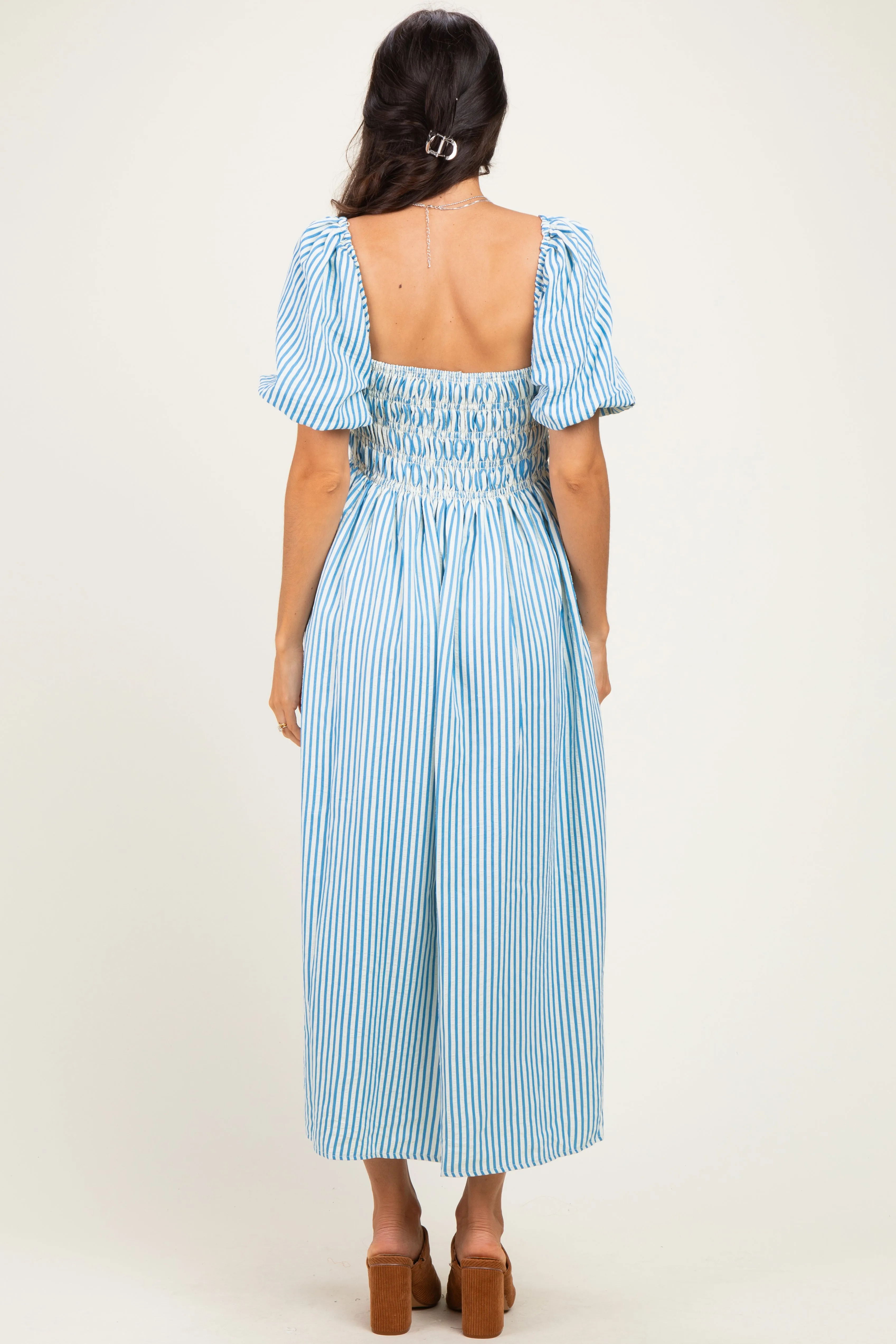 Blue Square Neck Smocked Striped Midi Dress sold by Pinkblush product image thumbnail 3