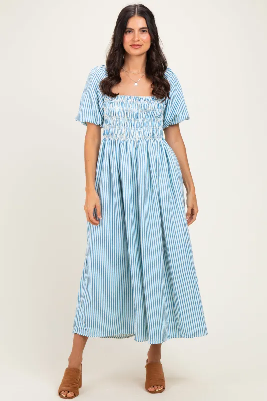 Blue Square Neck Smocked Striped Midi Dress made by TCEC