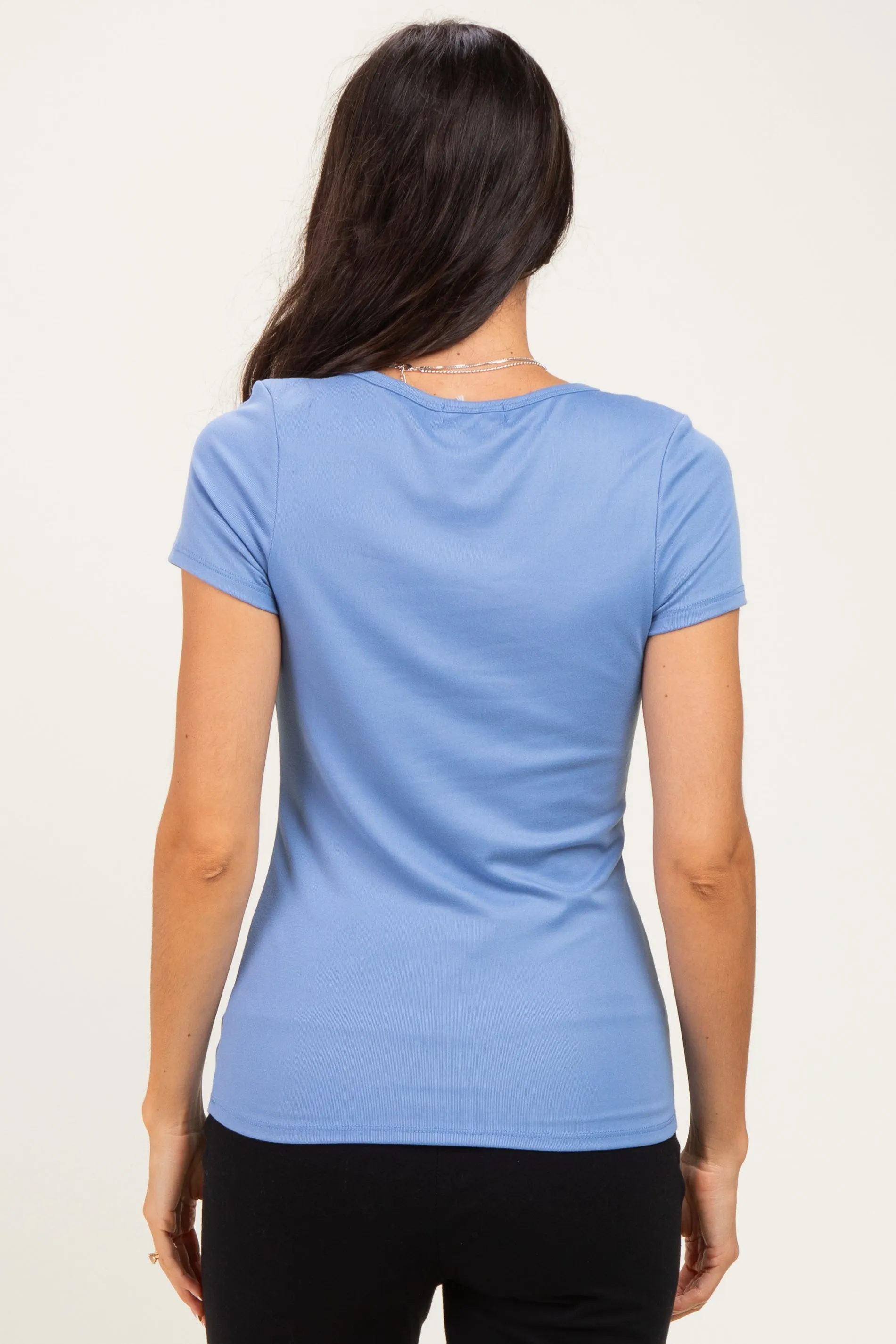 Blue Ribbed Button Scoop Neck Short Sleeve Top sold by Pinkblush product image thumbnail 4