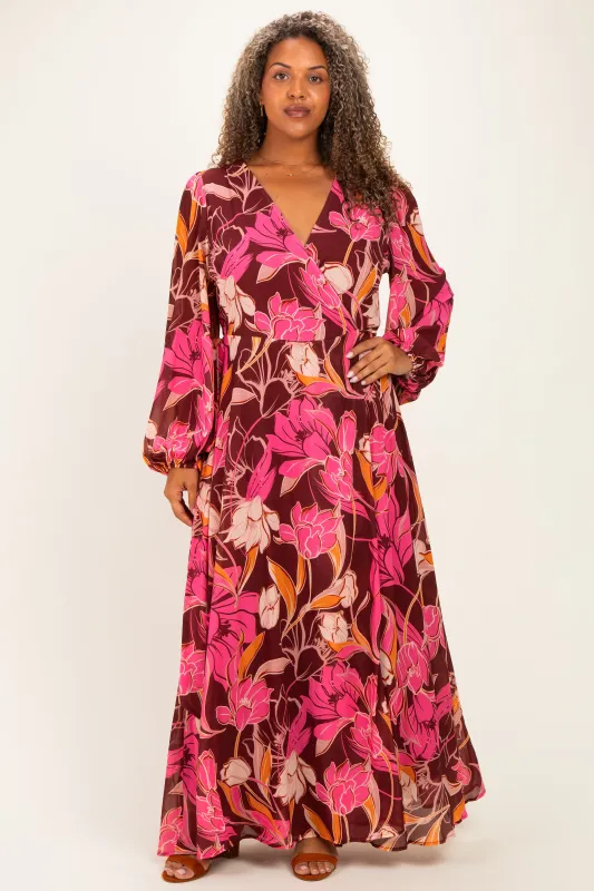 Burgundy Floral Deep V-Neck Plus Maxi Dress made by Flying Tomato