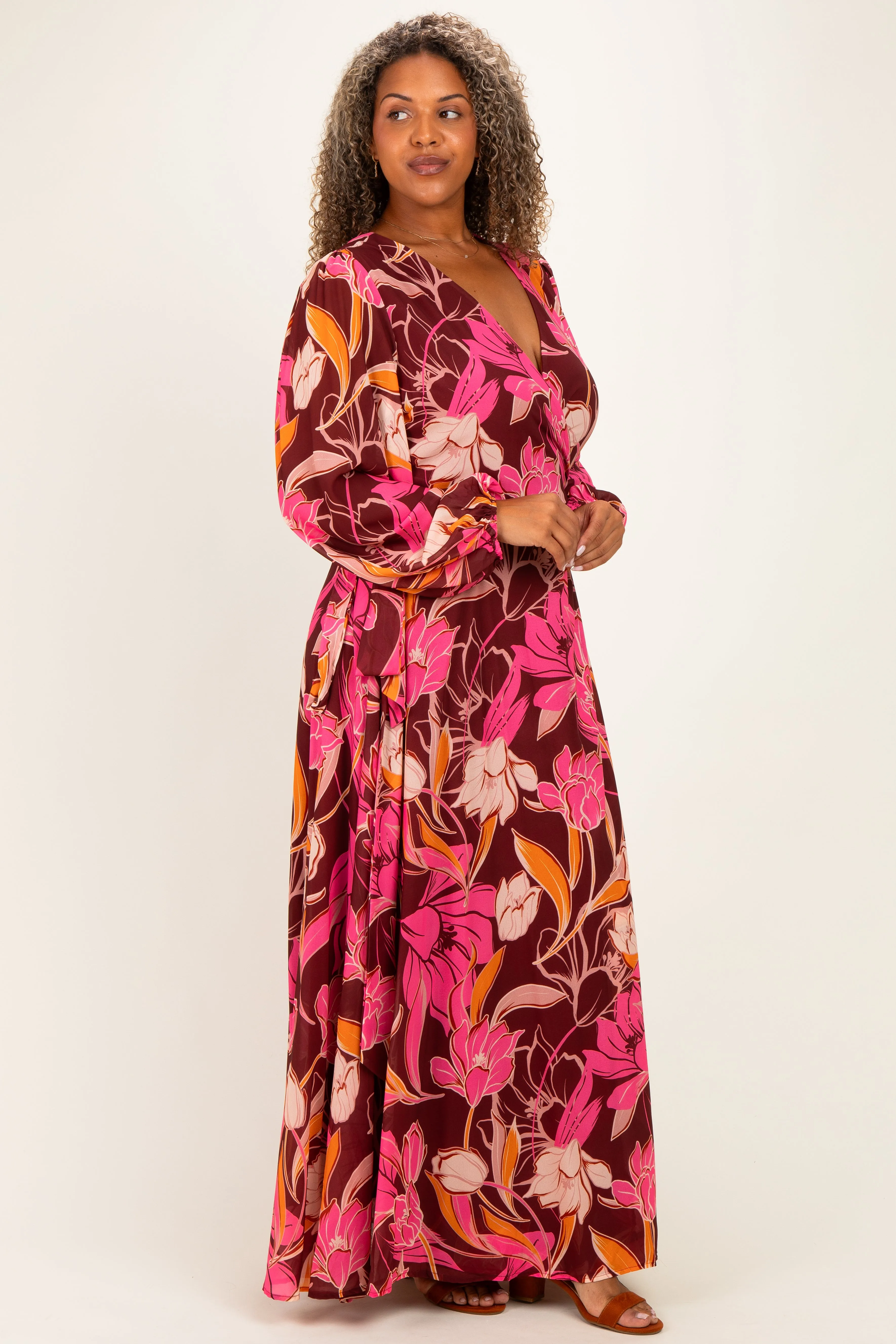 Burgundy Floral Deep V-Neck Plus Maxi Dress sold by Pinkblush product image thumbnail 2