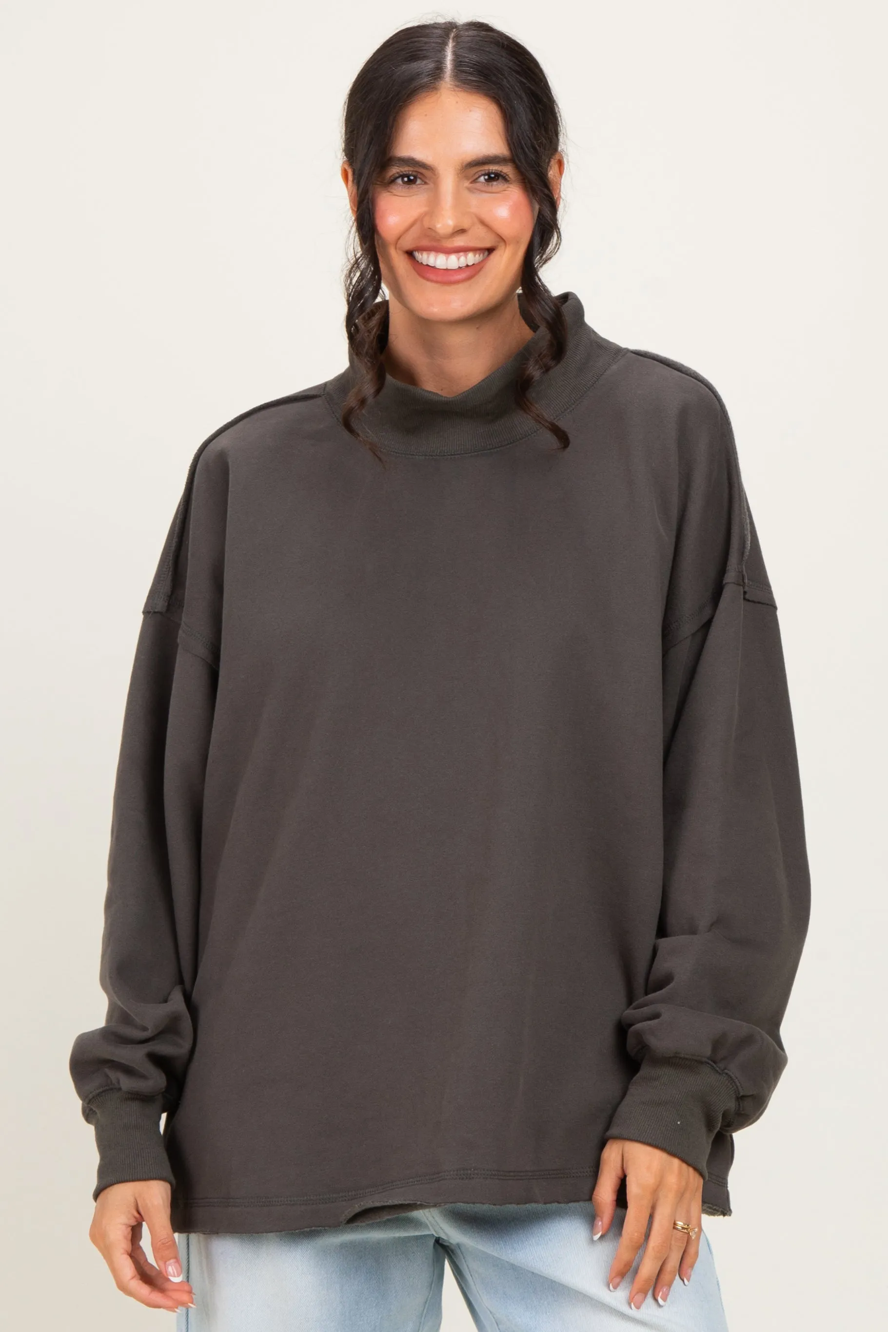 Charcoal Washed Oversized Mock Neck Sweatshirt sold by Pinkblush