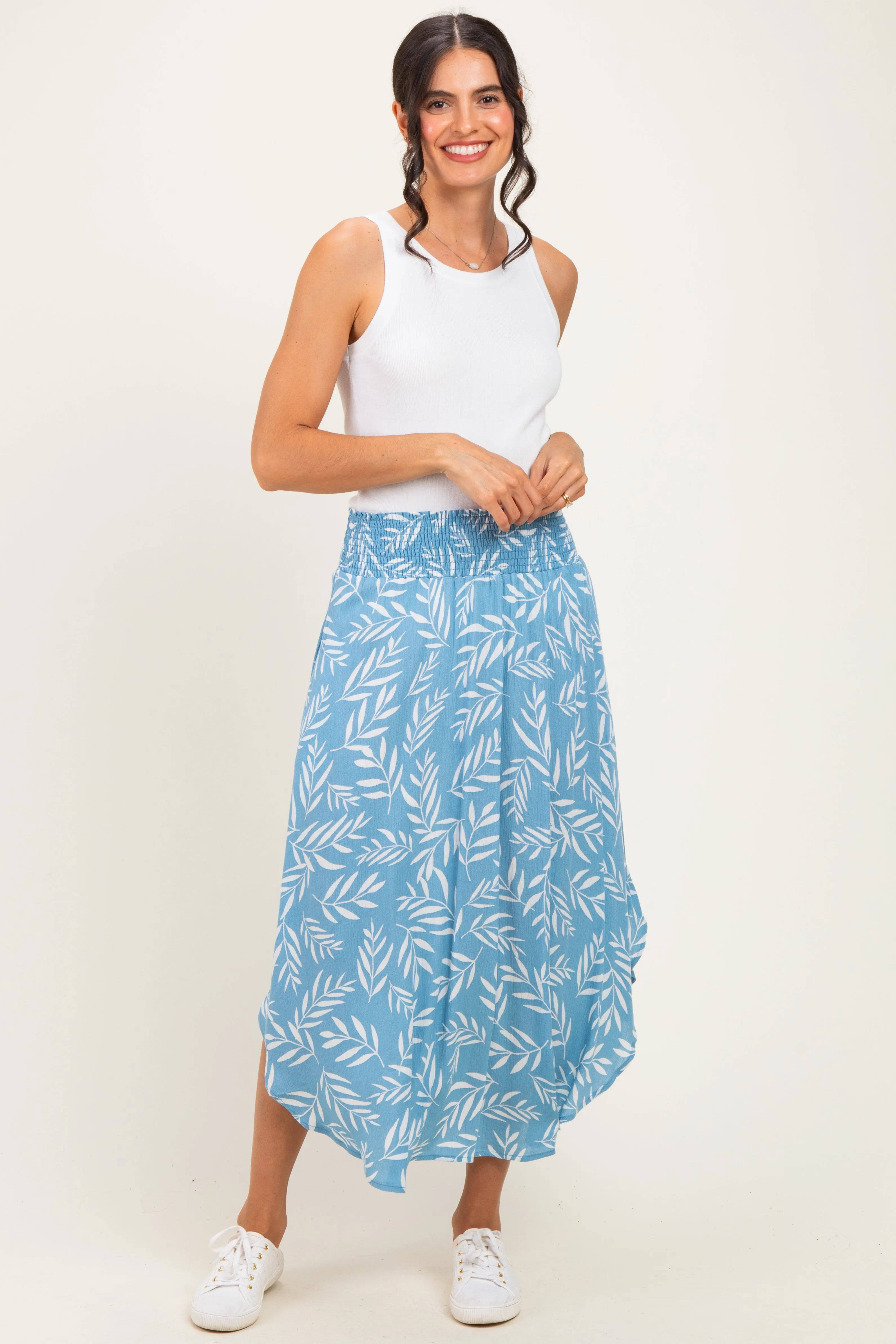 Light Blue Printed Smocked Waistband Skirt sold by Pinkblush