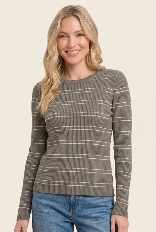 Olive Ribbed Basic Striped Fitted Sweater made by Staccato