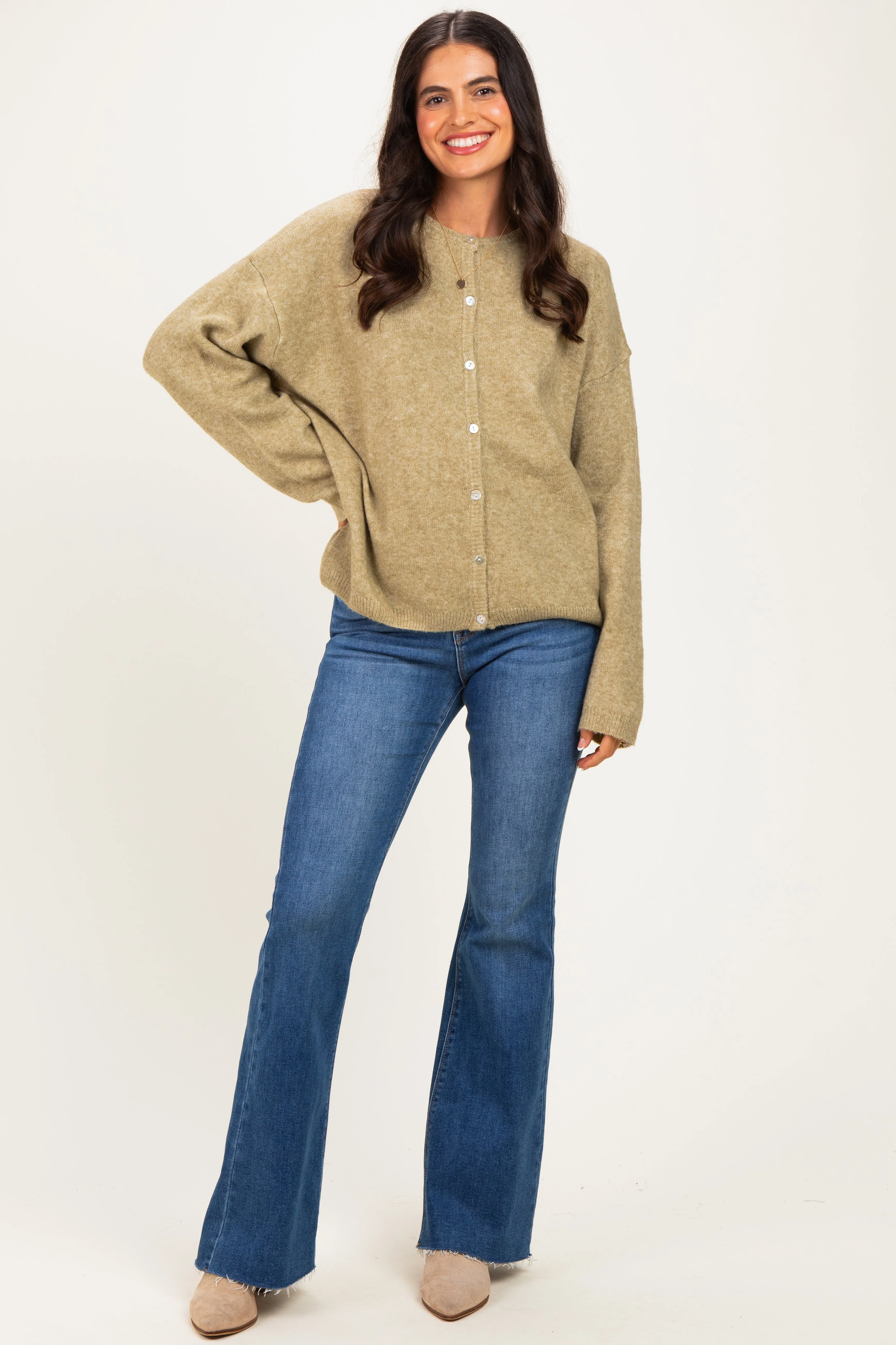 Olive Long Sleeve Crew Neck Cardigan sold by Pinkblush product image thumbnail 2