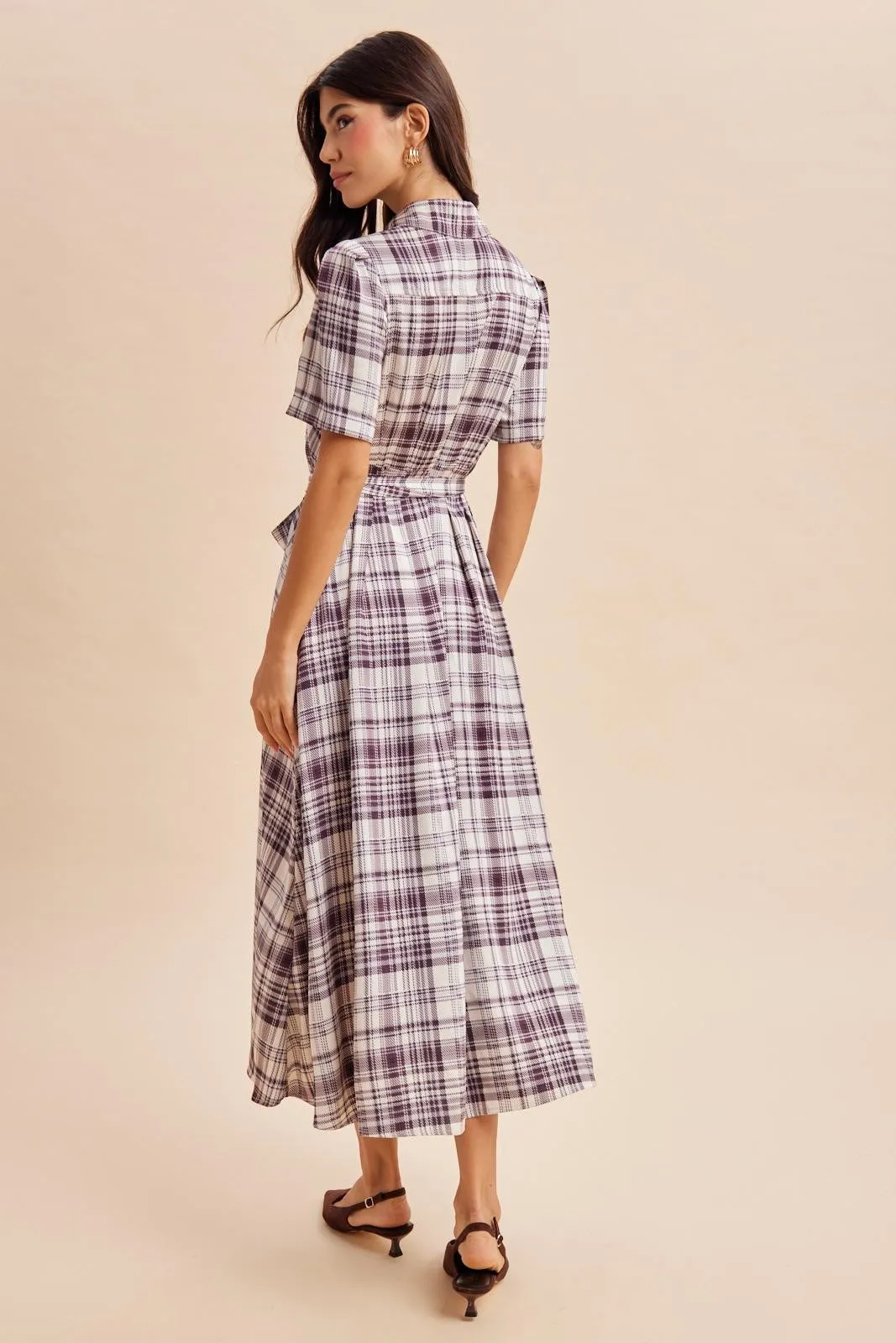 Dark Plum Plaid Button Down Midi Dress sold by Pinkblush product image thumbnail 4
