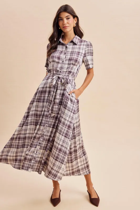 Dark Plum Plaid Button Down Midi Dress made by Inloom