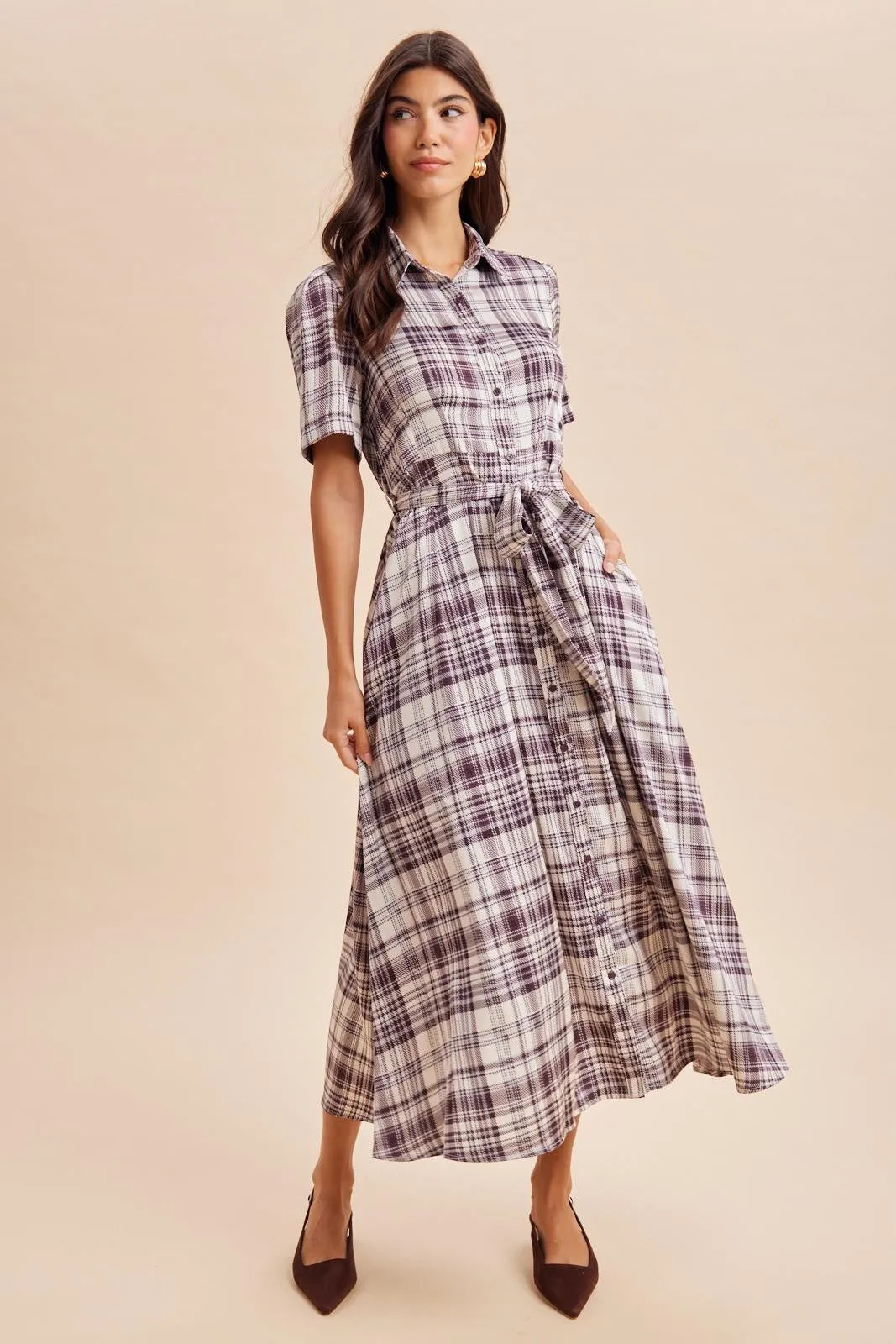 Dark Plum Plaid Button Down Midi Dress sold by Pinkblush product image thumbnail 2