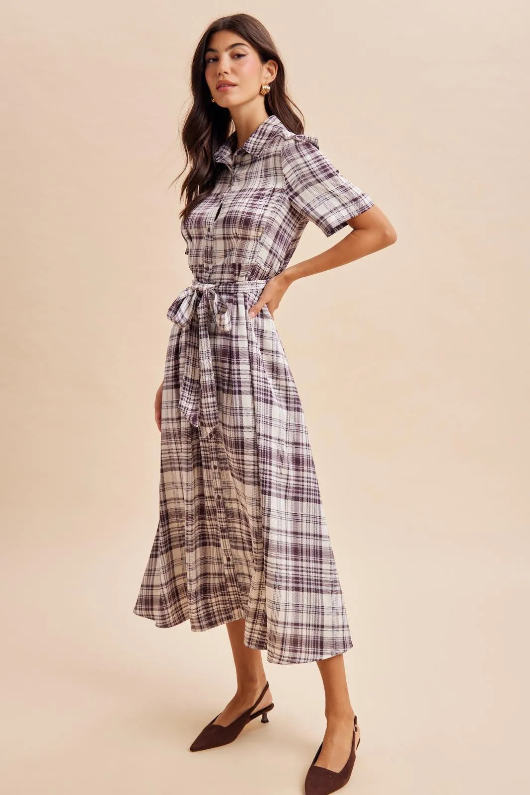 Dark Plum Plaid Button Down Midi Dress sold by Pinkblush product image thumbnail 3