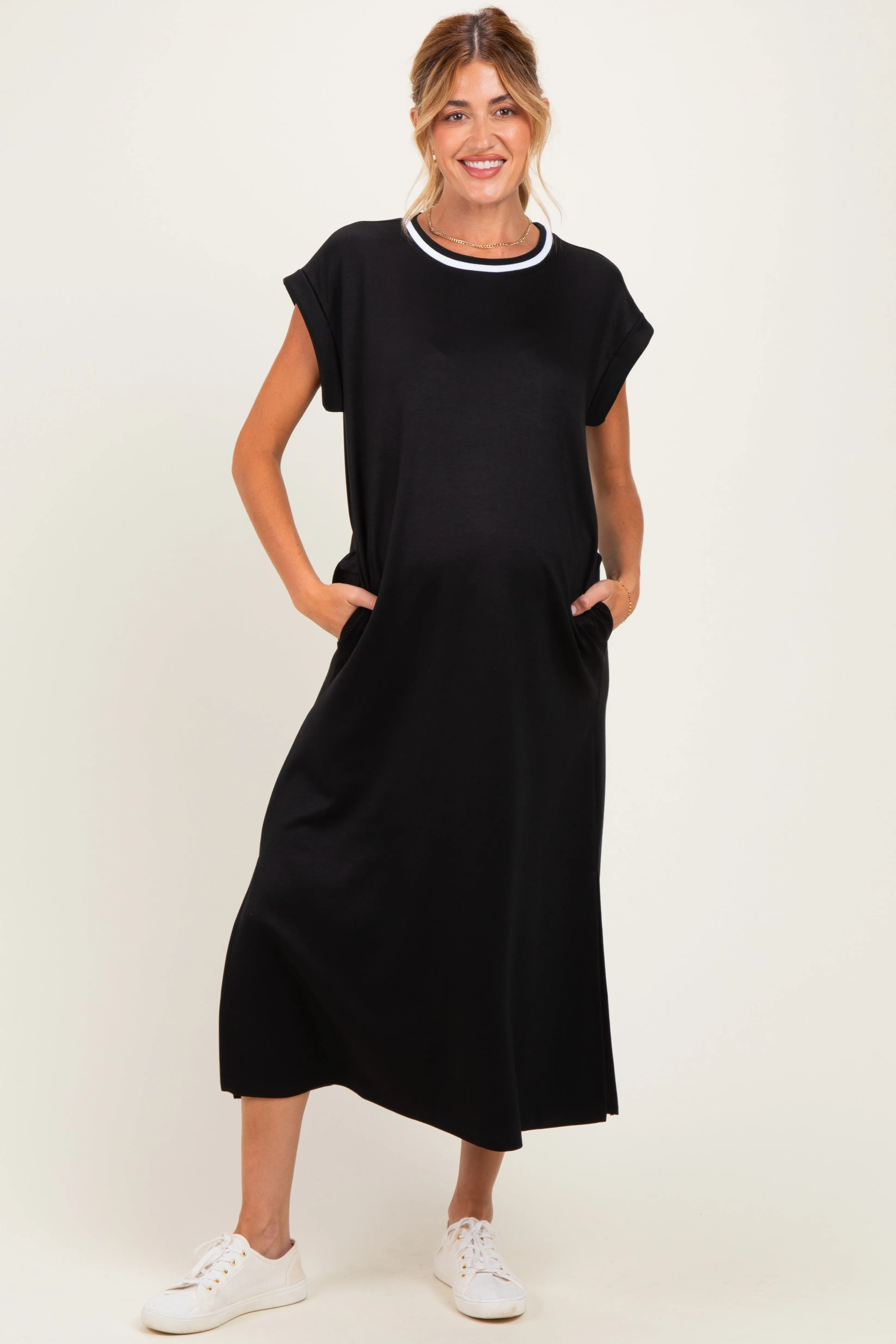 Black Side Slit Maternity Midi Dress sold by Pinkblush