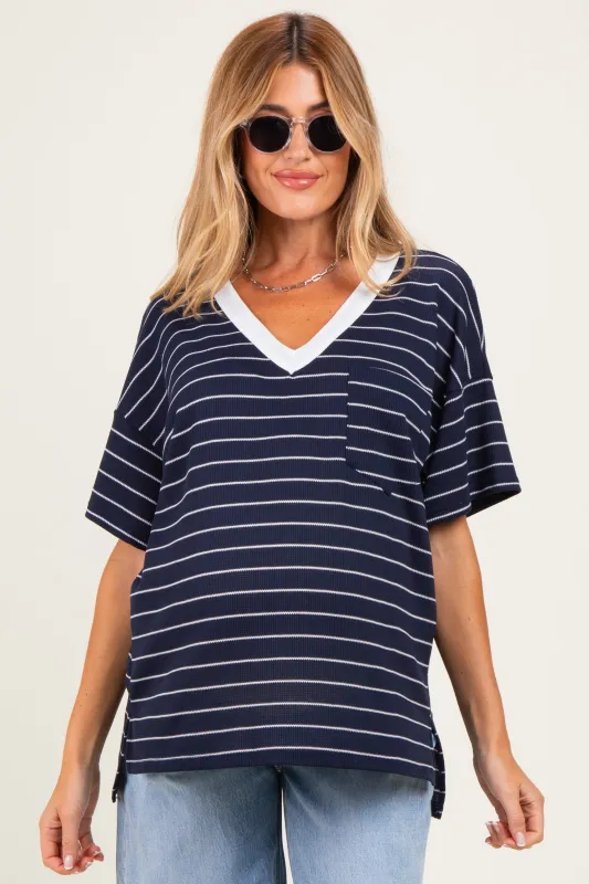 Navy Striped Short Sleeve V-Neck Maternity Top made by Pinkblush