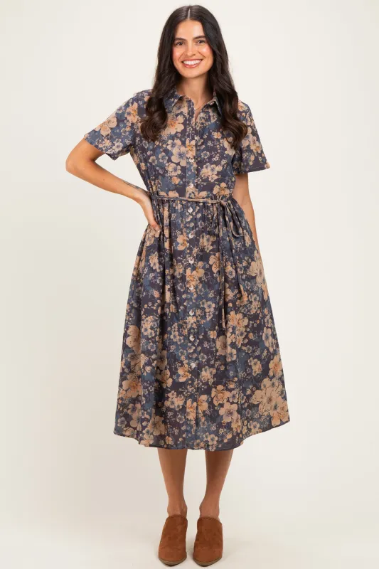 Navy Blue Floral Button Up Midi Dress made by tea n rose