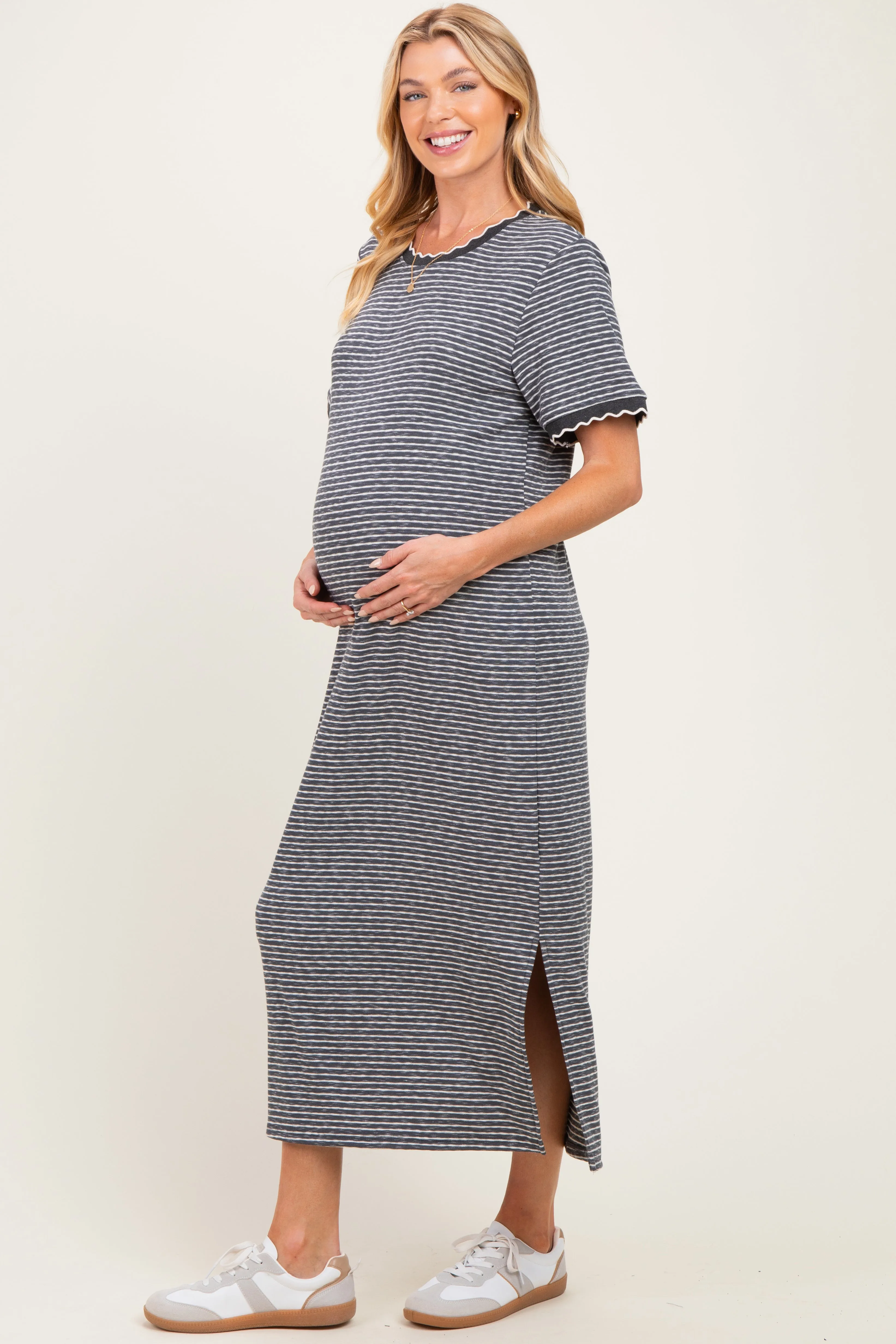 Charcoal Striped Knit Scallop Accent Maternity Maxi Dress sold by Pinkblush product image thumbnail 2