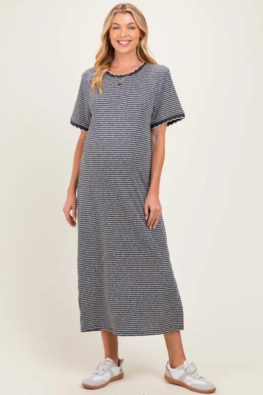 Charcoal Striped Knit Scallop Accent Maternity Maxi Dress made by Polagram