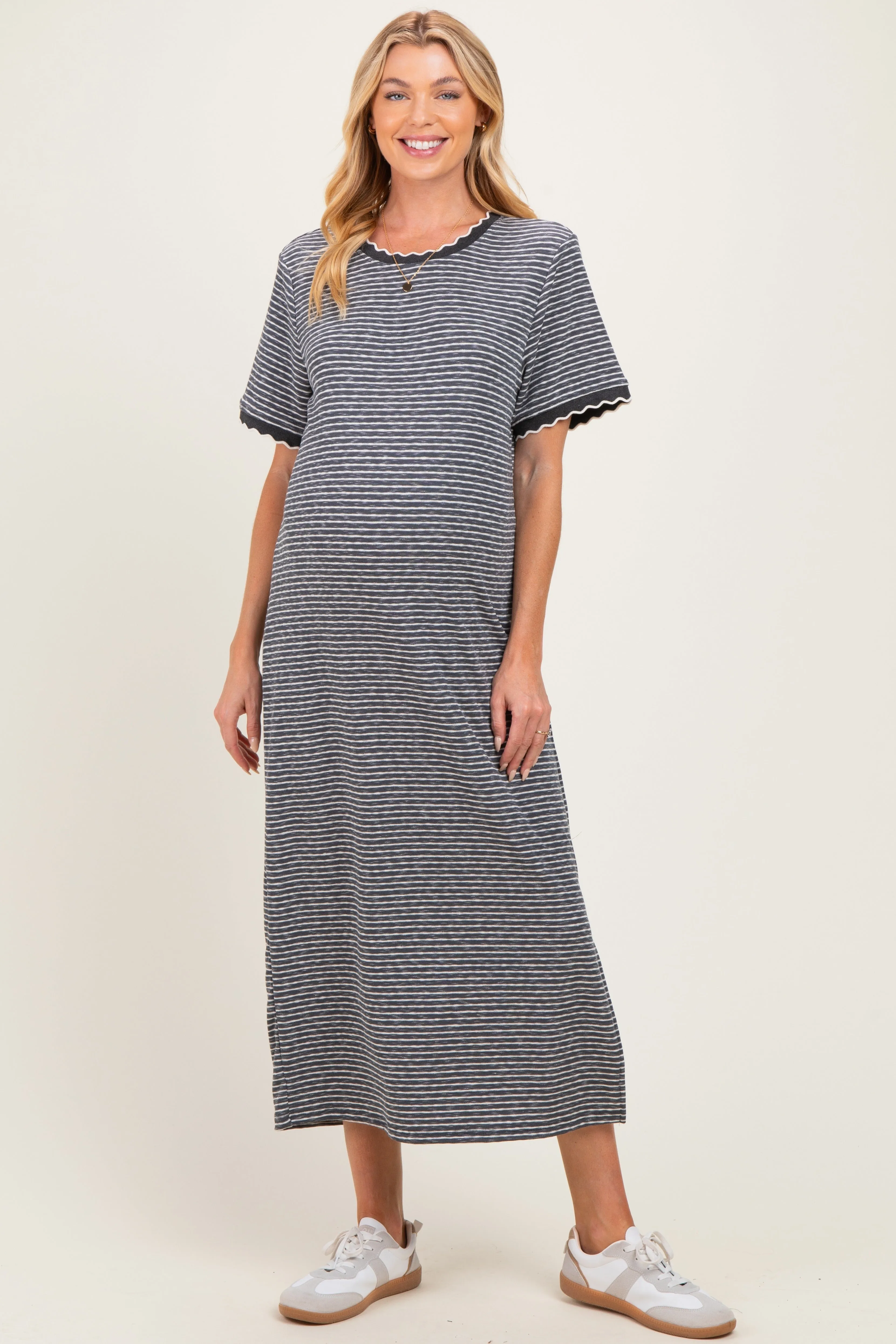 Charcoal Striped Knit Scallop Accent Maternity Maxi Dress sold by Pinkblush