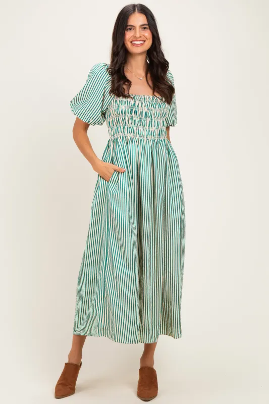 Green Square Neck Smocked Striped Midi Dress made by TCEC