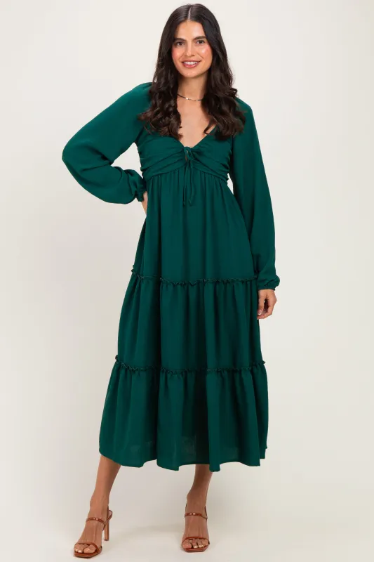 Hunter Green Tiered Long Sleeve V-Neck Maxi Dress made by Pinkblush