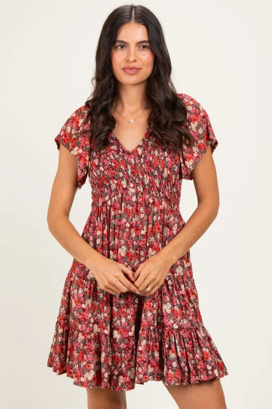 Wine Floral Flutter Sleeve Smocked Mini Dress made by Angie
