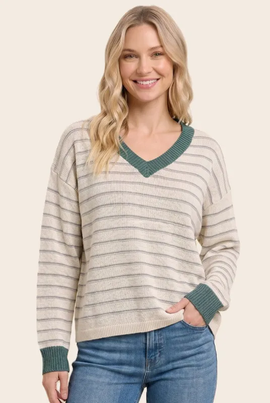 Jade Striped Solid Trim V-Neck Sweater made by Staccato