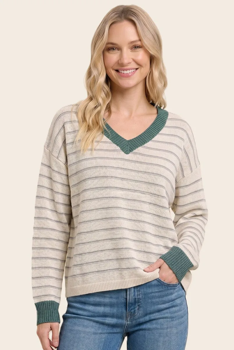 Jade Striped Solid Trim V-Neck Sweater sold by Pinkblush