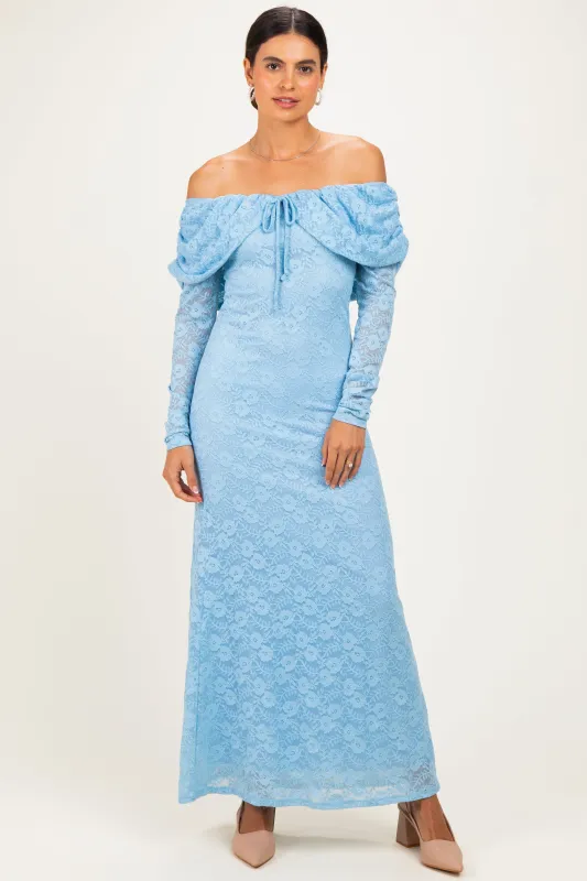 Light Blue Lace Off Shoulder Long Sleeve Maxi Dress made by Pinkblush