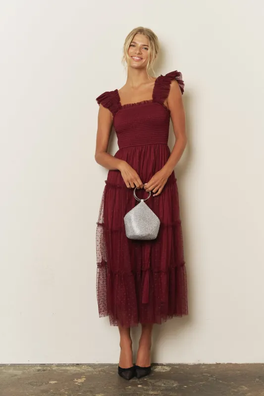 Burgundy Smocked Polka Dot Tulle Midi Dress made by Blu Pepper