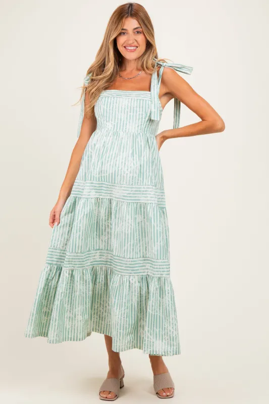 Sage Striped Shoulder Tie Tiered Maternity Maxi Dress made by Listicle