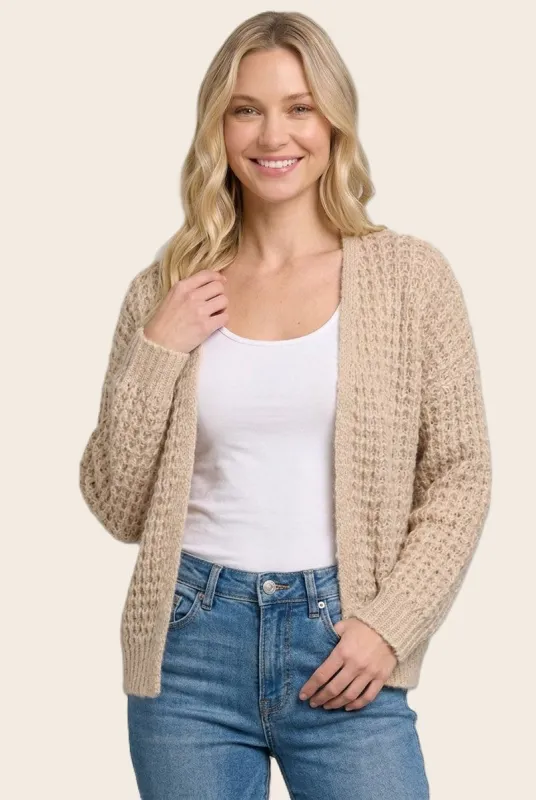 Oatmeal Chunky Waffle Knit Open Cardigan made by Staccato