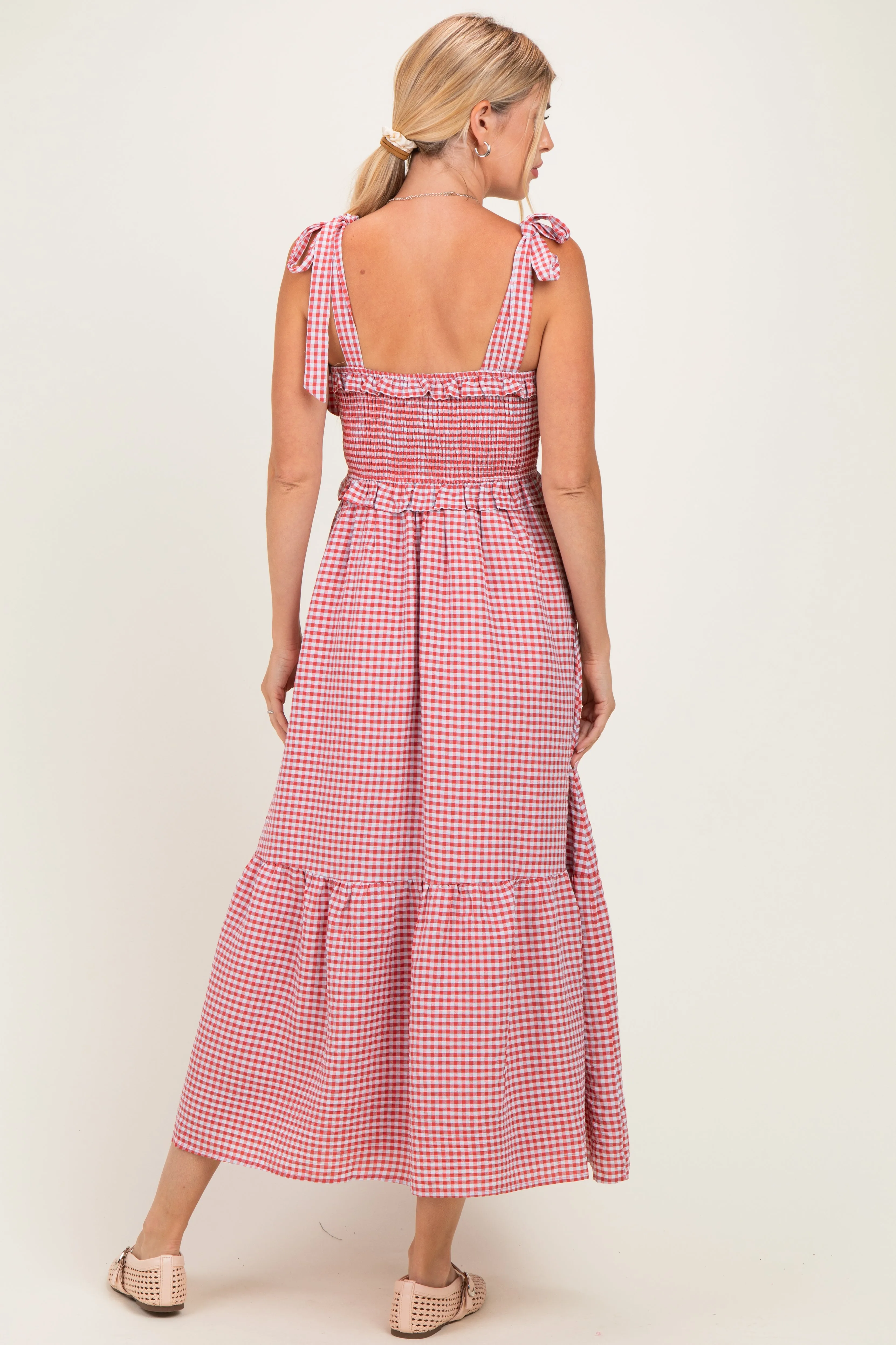 Red Gingham Smocked Shoulder Tie Midi Dress sold by Pinkblush product image thumbnail 3