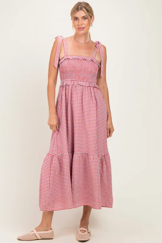 Red Gingham Smocked Shoulder Tie Midi Dress made by Storia