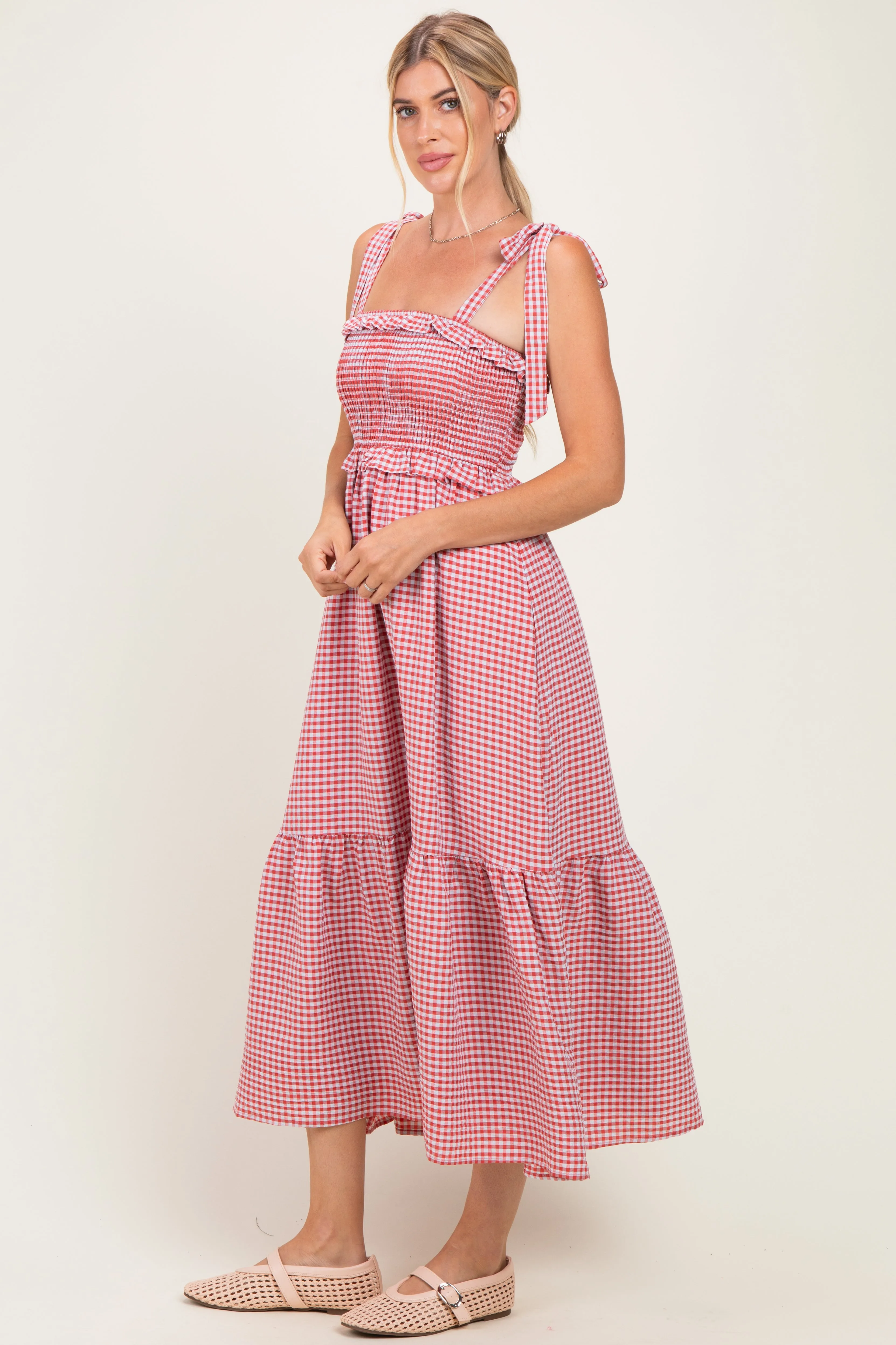 Red Gingham Smocked Shoulder Tie Midi Dress sold by Pinkblush product image thumbnail 2