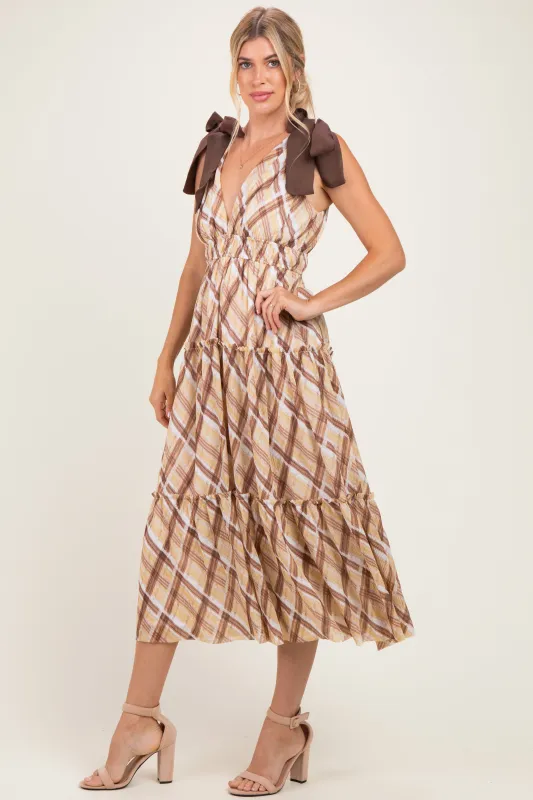 Brown Plaid Shoulder Tie Dress made by Storia