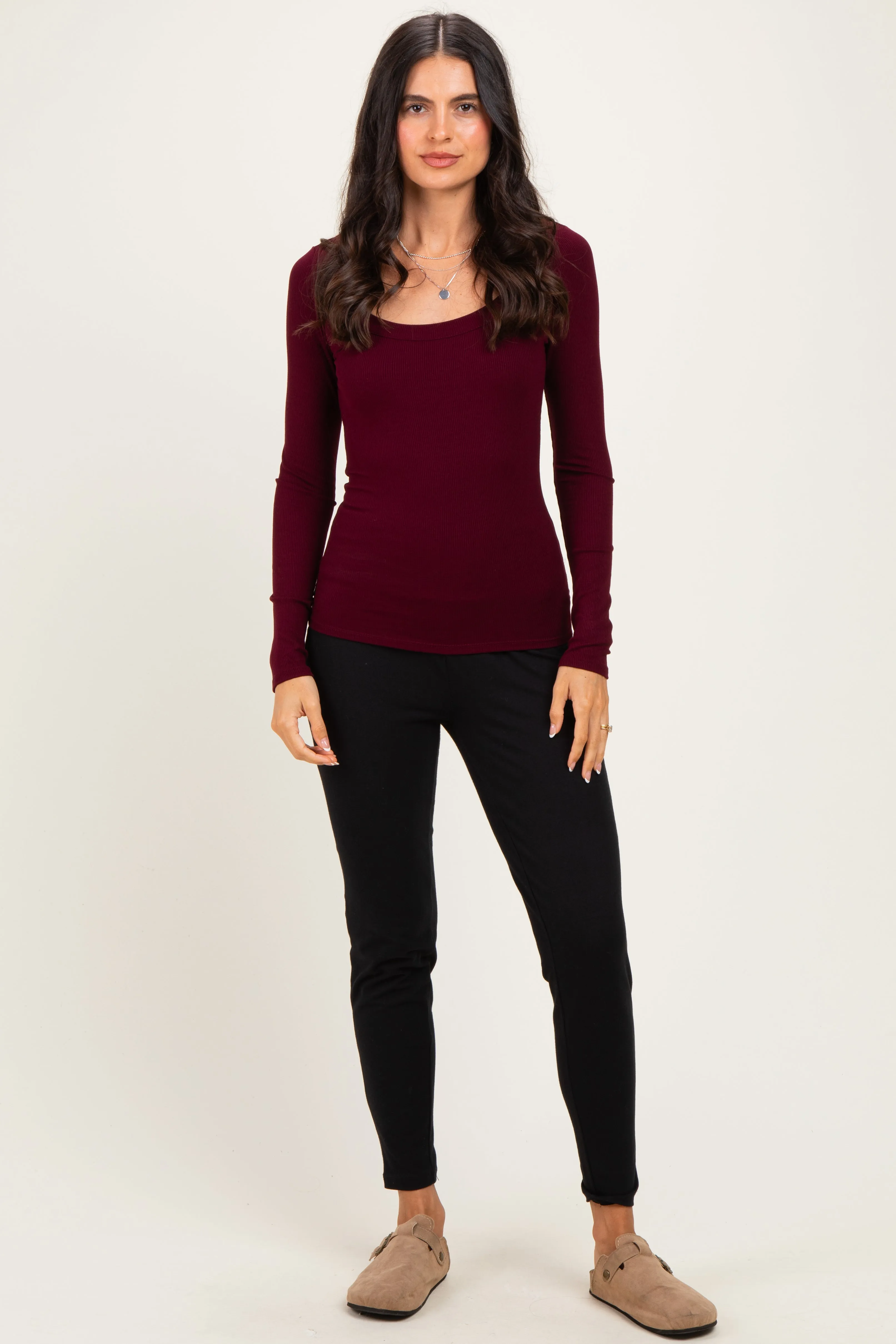 Burgundy Ribbed Scoop Neck Long Sleeve Top sold by Pinkblush product image thumbnail 2