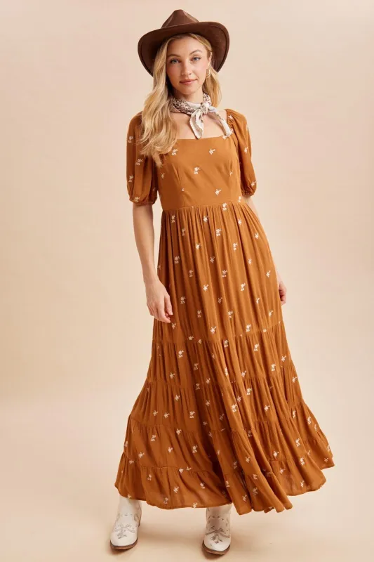 Sepia Embroidered Tiered Maxi Dress made by Inloom