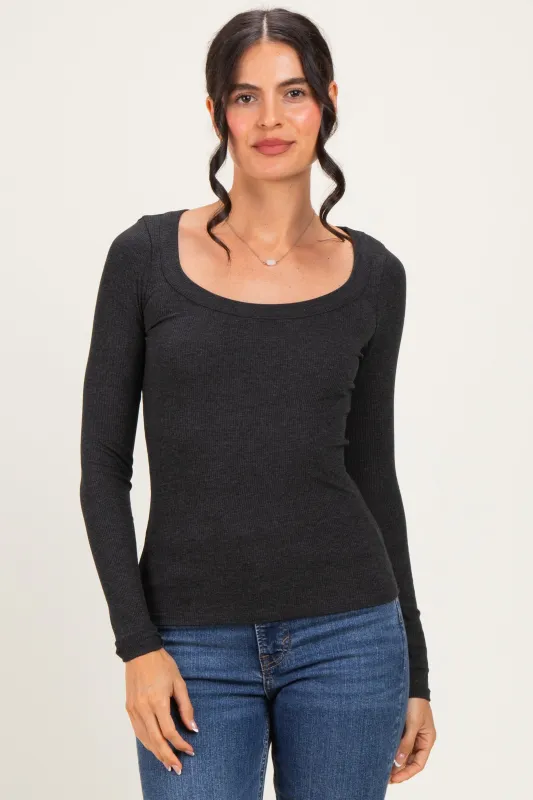 Charcoal Ribbed Scoop Neck Long Sleeve Top made by Pinkblush