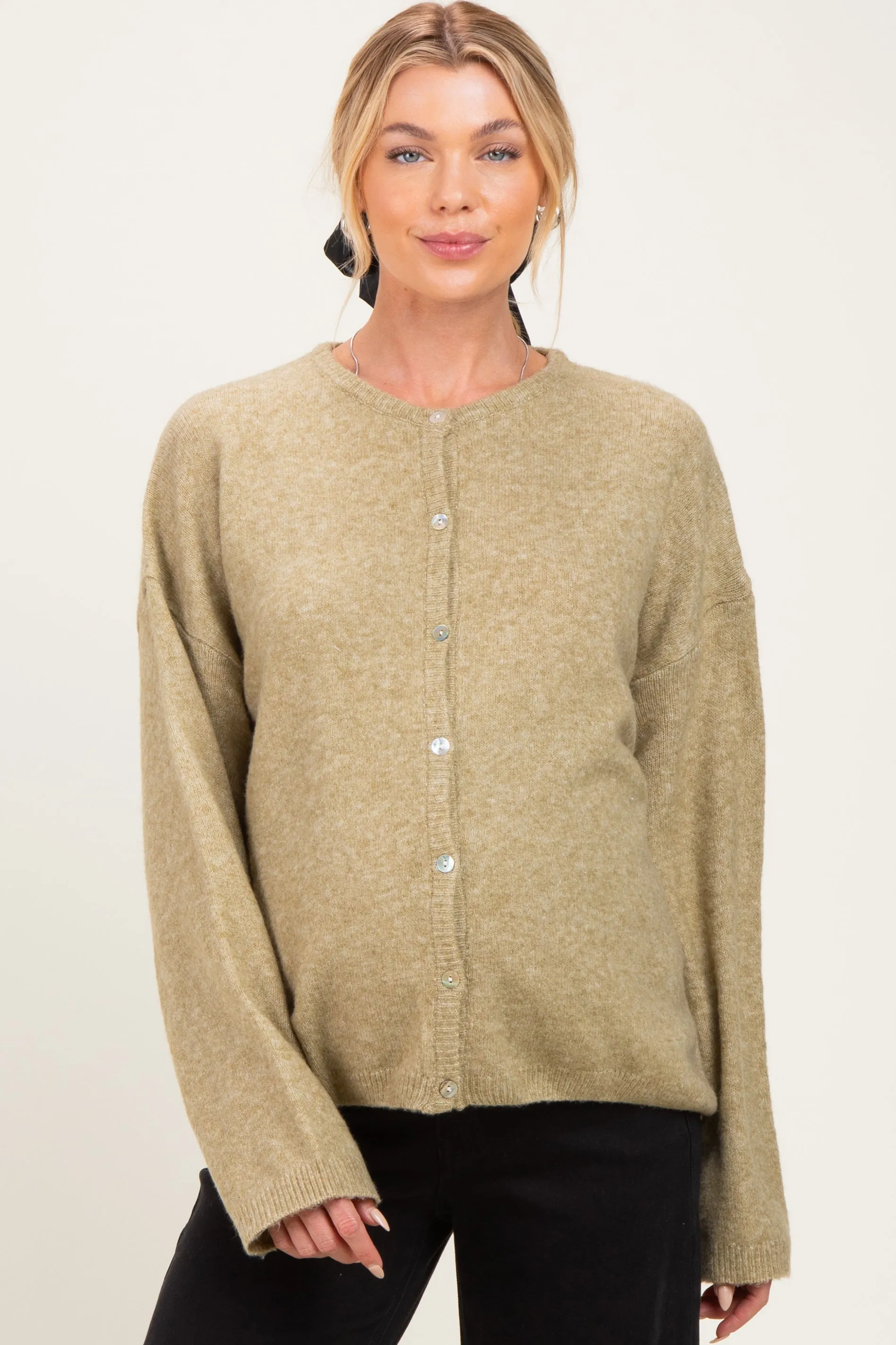 Olive Long Sleeve Crew Neck Maternity Cardigan sold by Pinkblush product image thumbnail 3